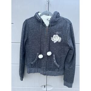 Y2K Vintage Women’s Ed Hardy Sherpa Lined Pom Pom String Studded Hoodie Sz S
